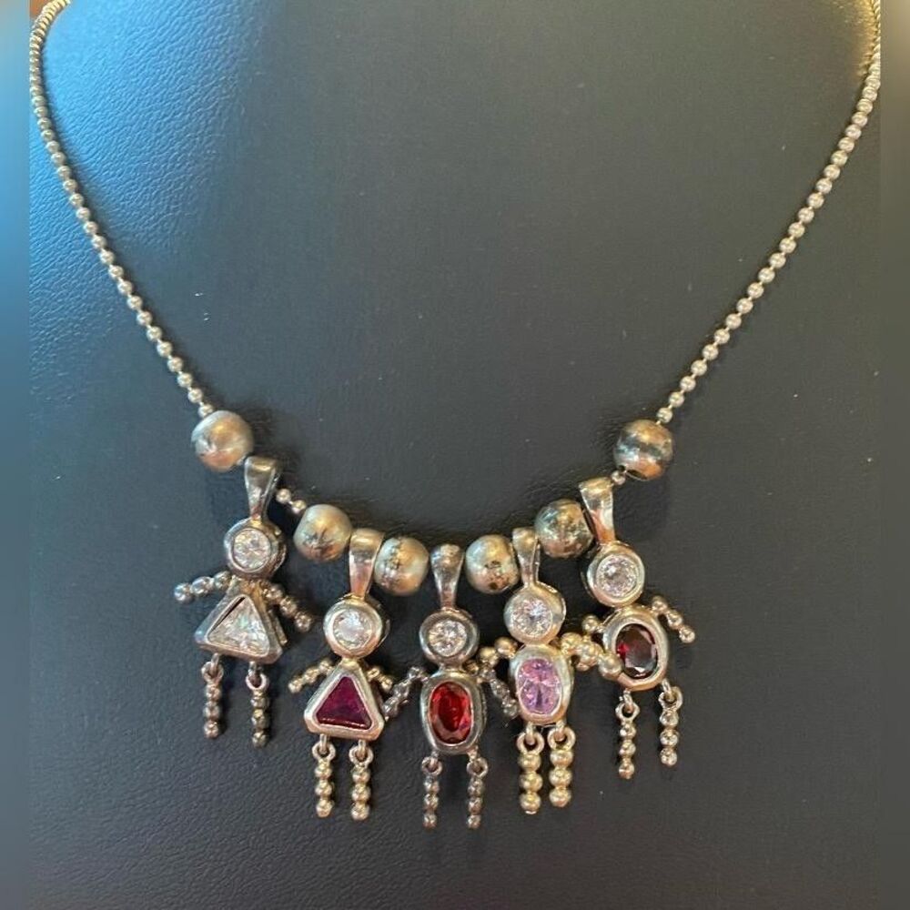 Sterling Silver 925 Ball Chain Necklace 5 Children Charms Multicolor Stones